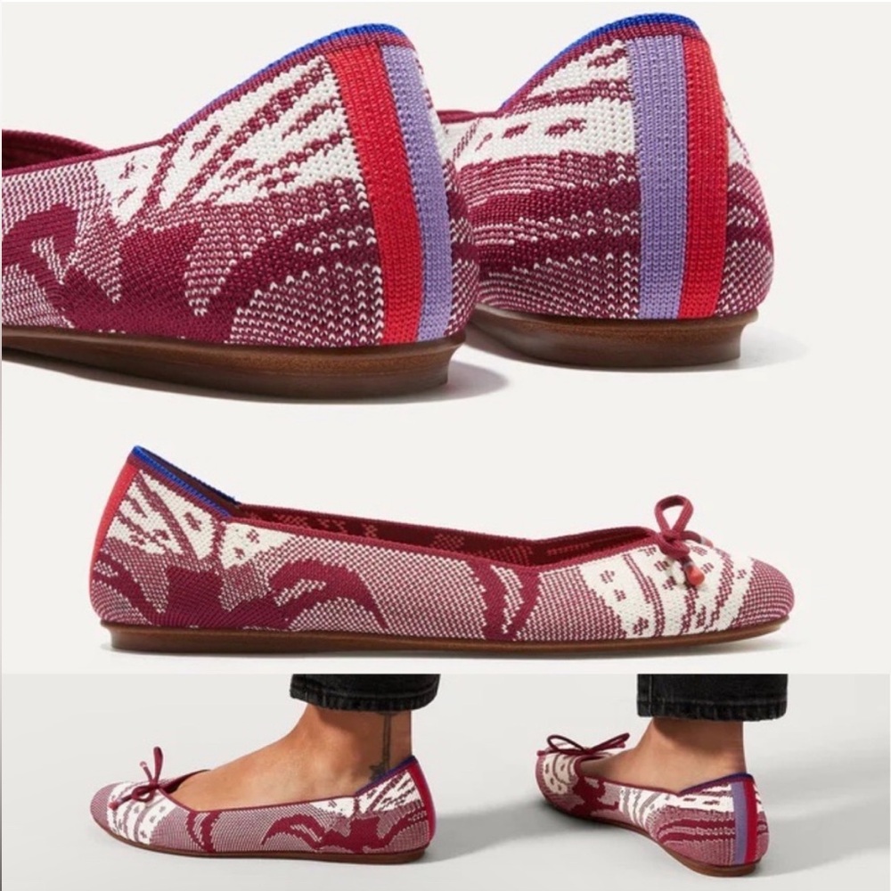 Rothy's Botanical Burgundy Bow Back Stripe Flats Red White Pattern Ballet Women - Picture 2 of 7
